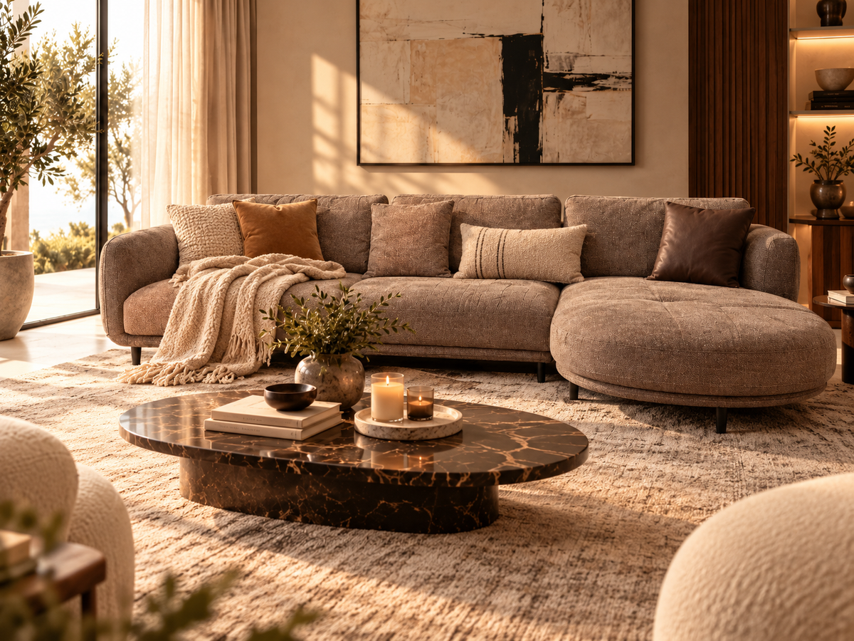 Prime Relax modern luxury taupe-grey L-shaped sofa with right-hand chaise styled in a warm, cozy living room
