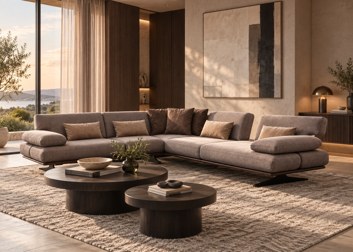 Rapid Corner adjustable sectional sofa with pushed-back seating in a luxury living room
