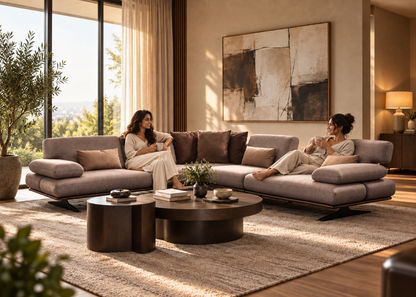Rapid Corner adjustable corner sofa lifestyle scene with two people relaxing