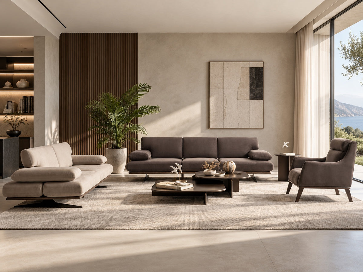 Rapid Sofa premium modern living room with taupe-grey three-seater sofa, beige sofa and coordinating armchair