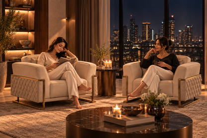 Two matching Ravenna Armchairs with gold-tone metal frames and two women relaxing in a luxury evening setting