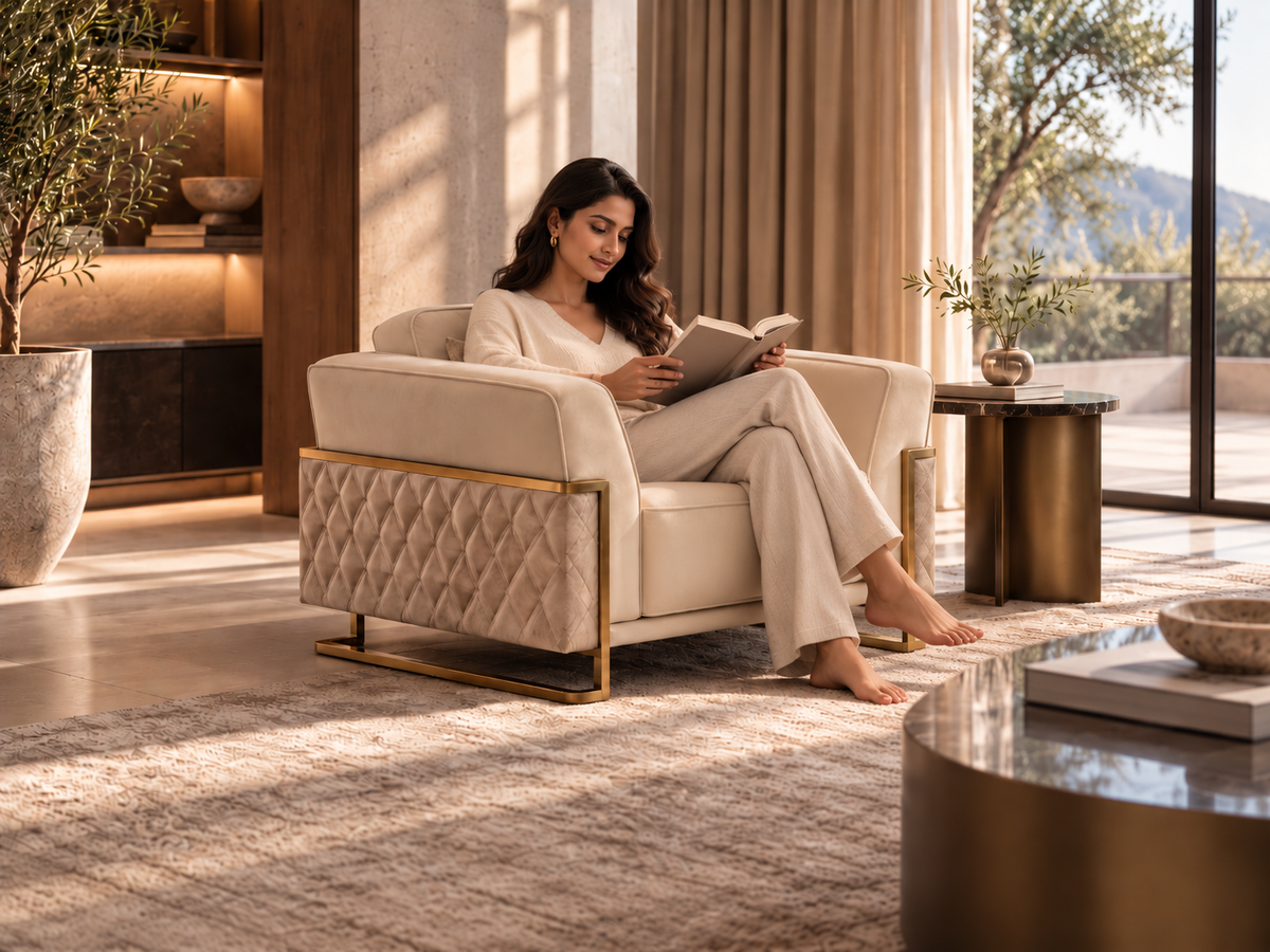 Ravenna Armchair with a woman reading in a sunlit luxury home, showing its cream seat and gold-framed quilted sides