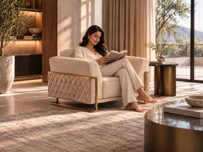 Ravenna Armchair with a woman reading in a sunlit luxury home, showing its cream seat and gold-framed quilted sides