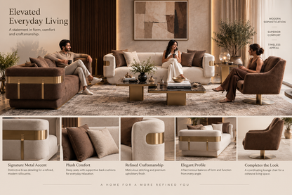 Reina luxury sofa design details with brass accents and plush upholstery