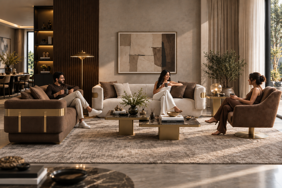 Reina luxury sofa set with three people in a refined living room