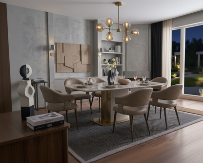 Modern dining room with a round table and chairs, featuring a chandelier and decorative elements.