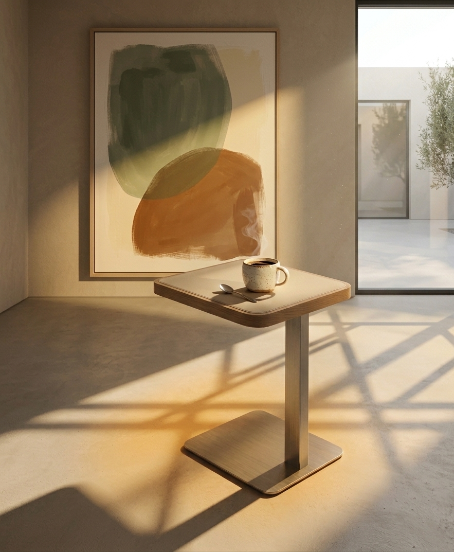 Modern side table with a cup and saucer in a room with abstract art on the wall.
