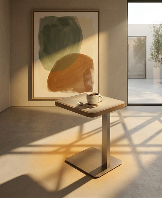 Modern side table with a cup and saucer in a room with abstract art on the wall.