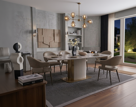 Modern dining room with a round table and chairs, featuring a chandelier and decorative elements.
