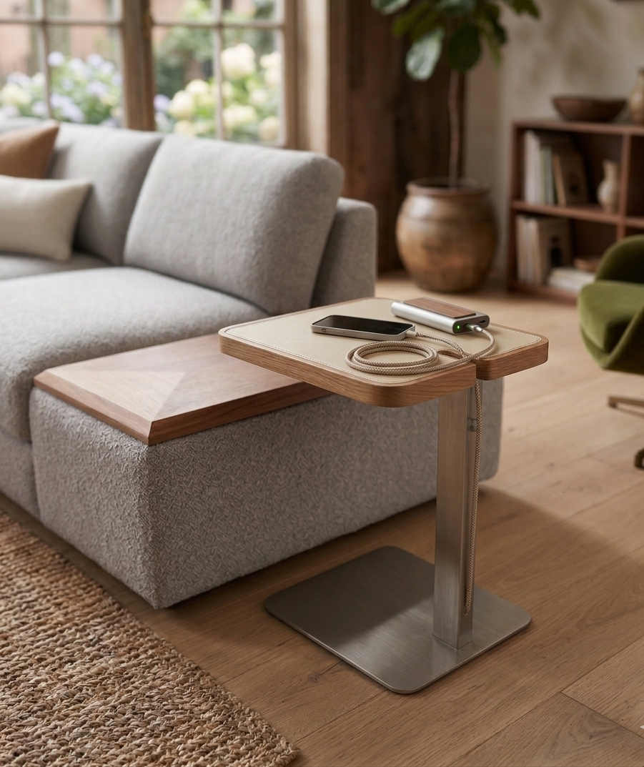 Wooden side table with a metal base in a living room setting