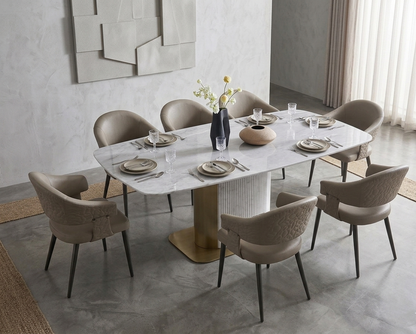 Dining table set with chairs in a modern room