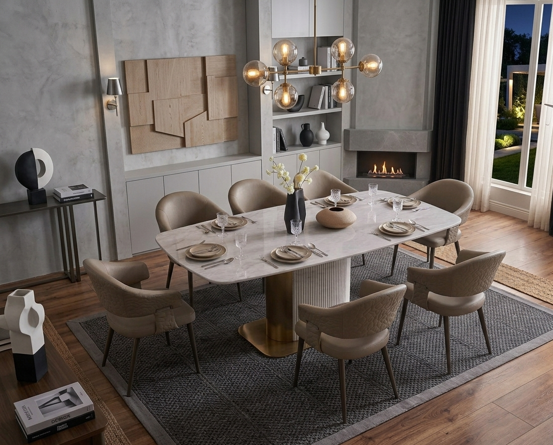 Modern dining room with a table set for a meal, chairs, and decorative elements.