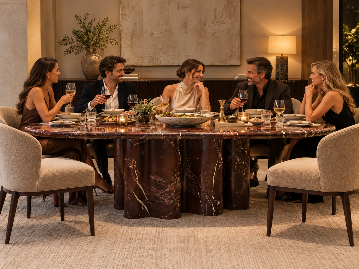 Rosso Aurelia dining table luxury dinner setting eight chairs