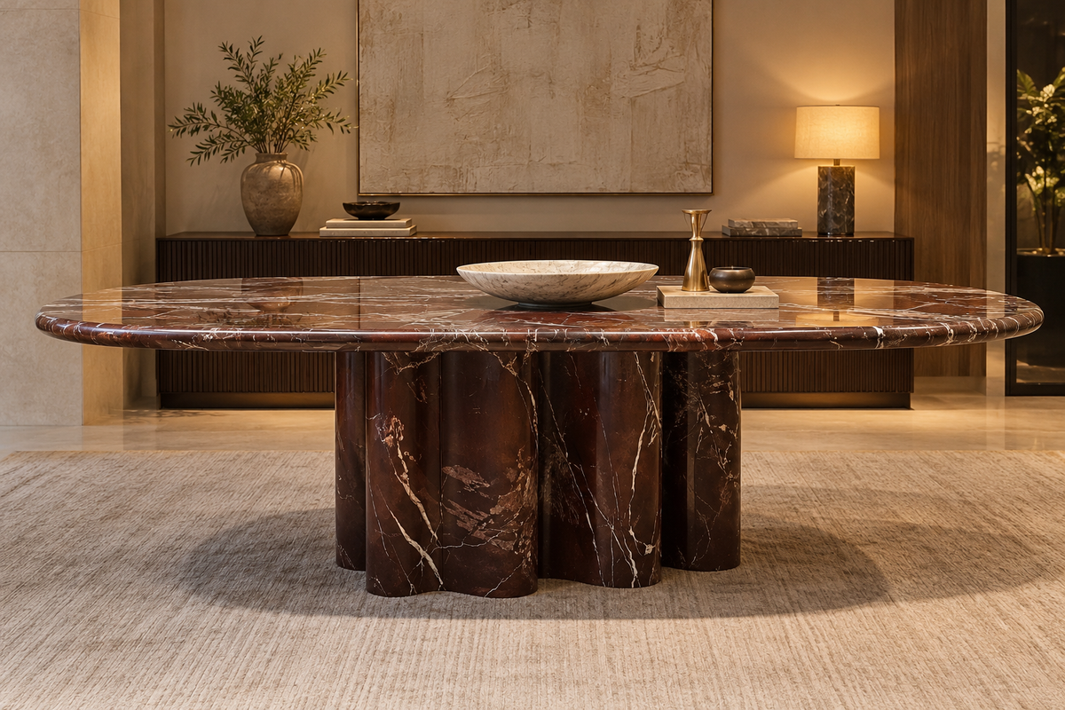 Rosso Aurelia luxury marble dining table front view pedestal