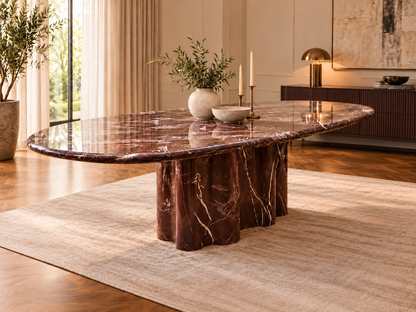 Rosso Aurelia luxury burgundy brown oval marble dining table lifestyle