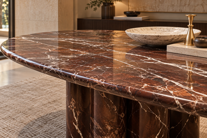 Rosso Aurelia marble table close up burgundy colour ivory veining