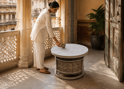 Round Small Tea Table in Old Delhi Haveli Balcony with Indian model – lifestyle view
