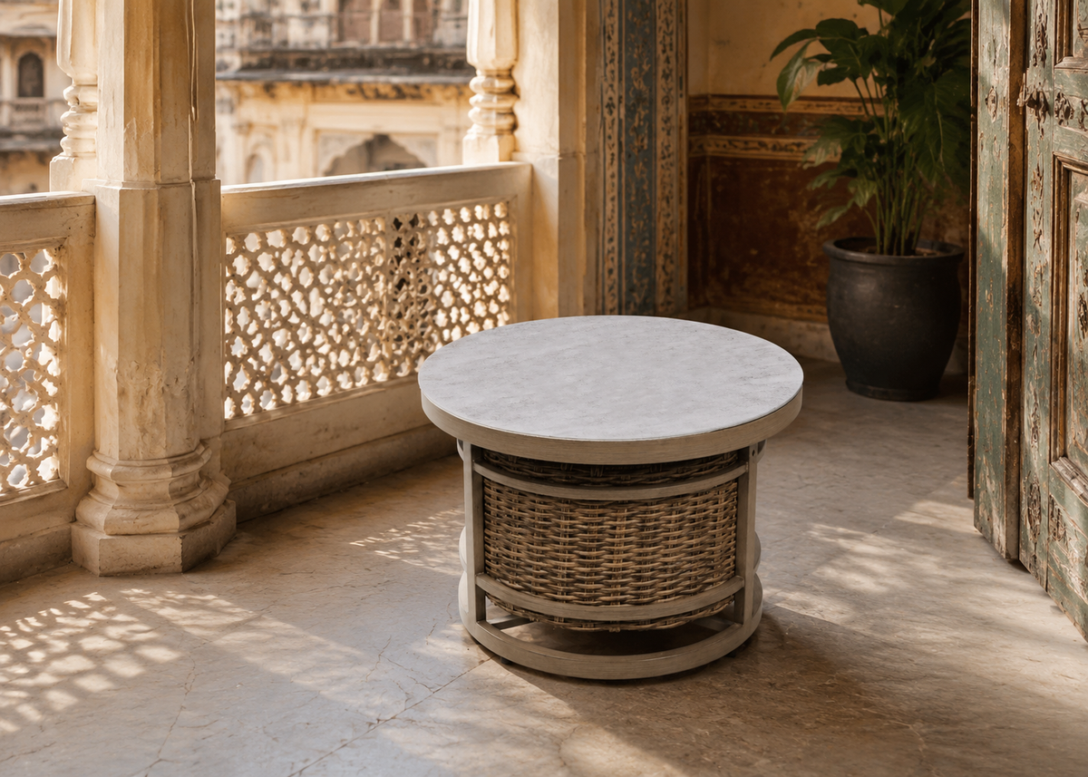 Round Small Tea Table in Old Delhi Haveli Balcony – lifestyle view