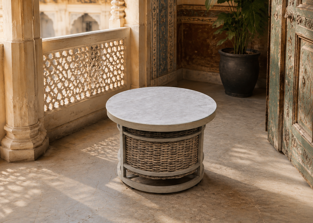 Round Small Tea Table in Old Delhi Haveli Balcony – elevated front view