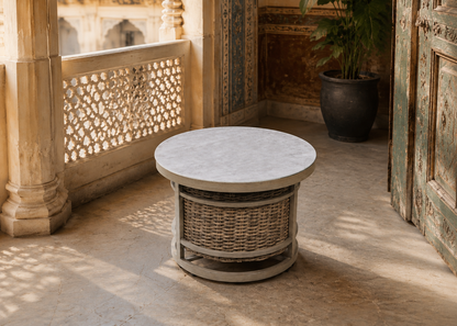 Round Small Tea Table in Old Delhi Haveli Balcony – elevated front view