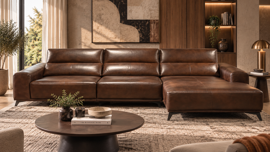 Rovena Leather Lounge Sofa front view with brown leather upholstery and right chaise