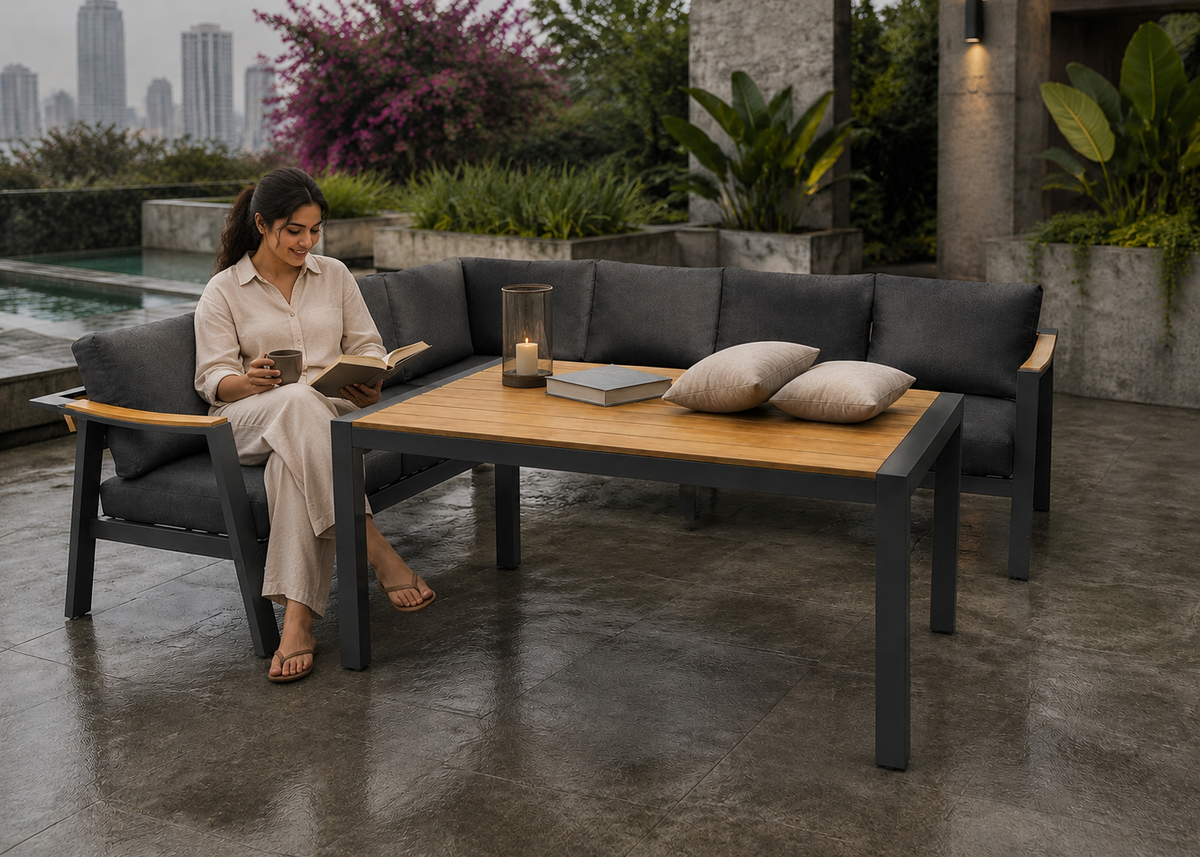 Rover L Shape+ C Table with an Indian model in the Gurugram Skyline Deck