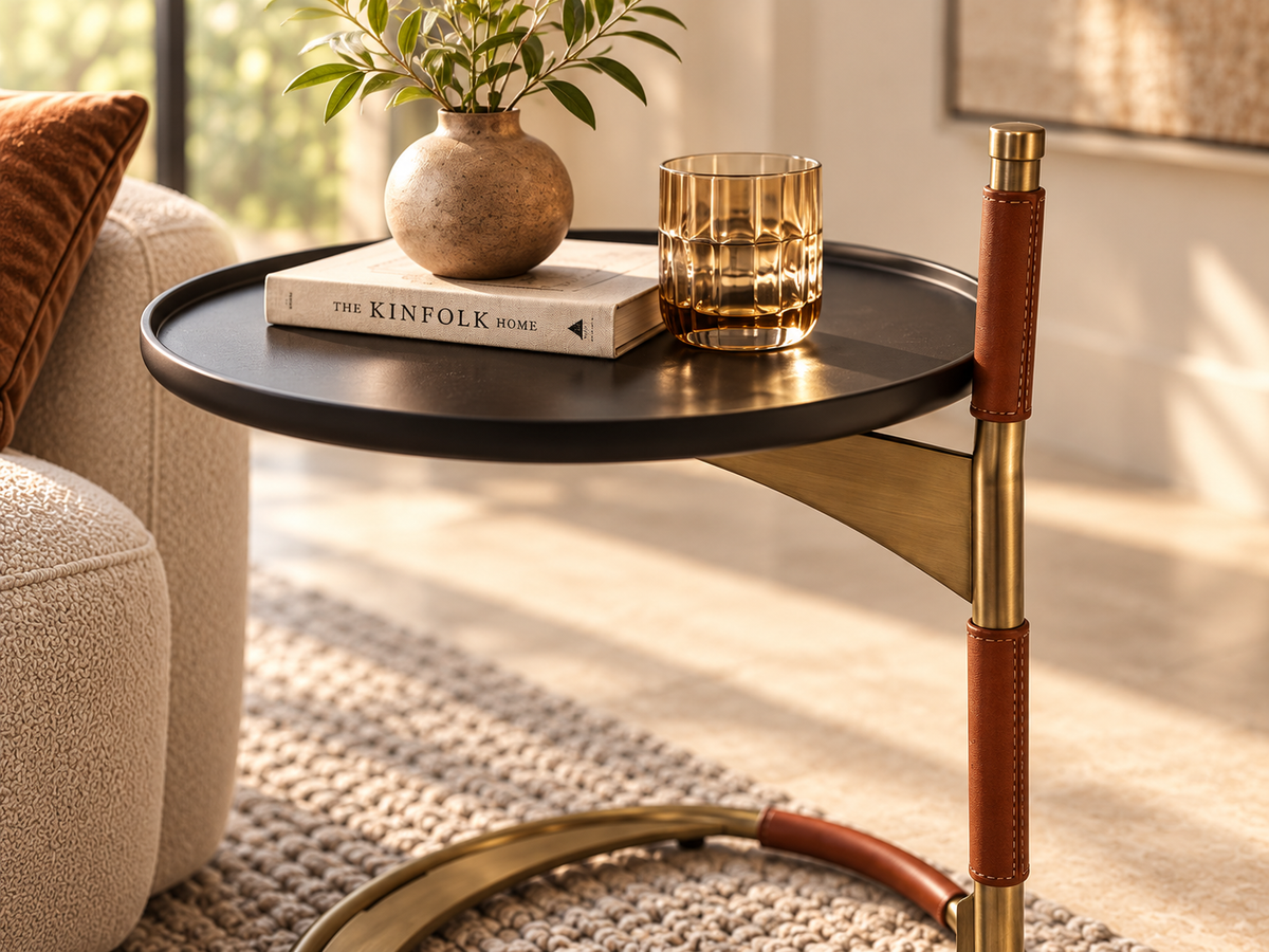 Detailed view of Savio round black tray, brushed-gold metal support and cognac leather wraps