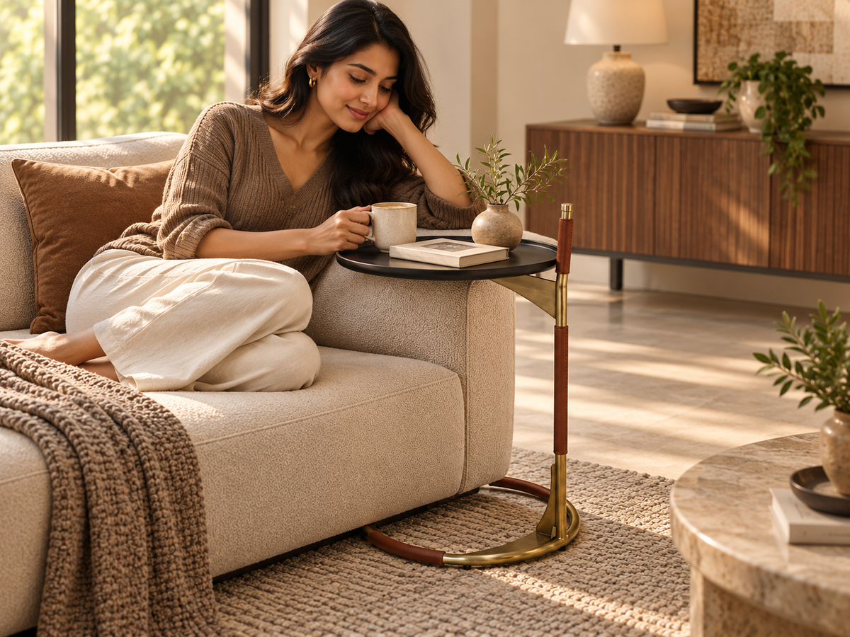 Woman enjoying coffee beside Savio C-shaped peg table tucked neatly against her sofa