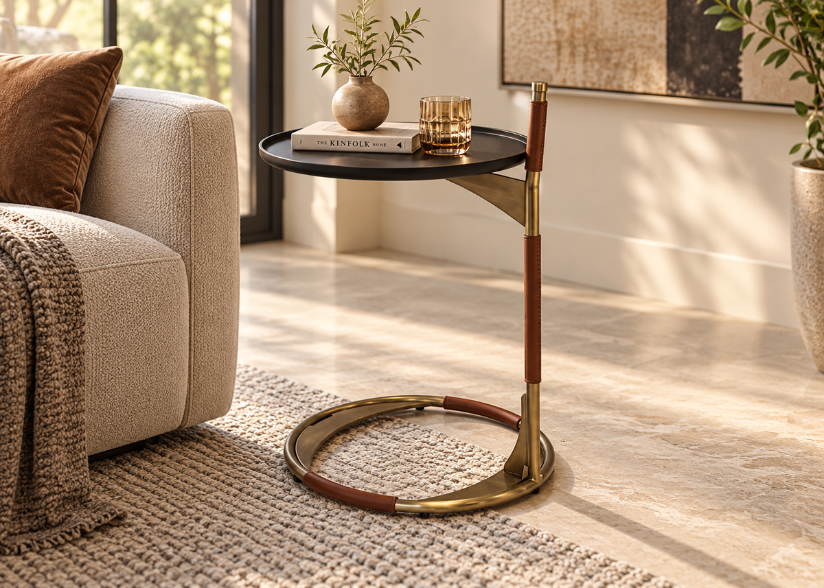 Savio black tray-top C-shaped brass and leather side table beside ivory upholstered sofa