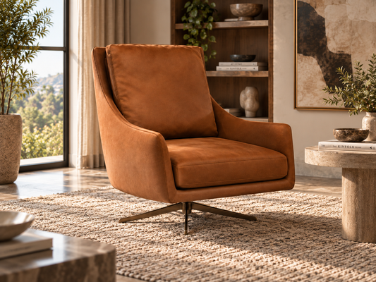 Shelby Armchair in cognac brown upholstery in a warm modern living room