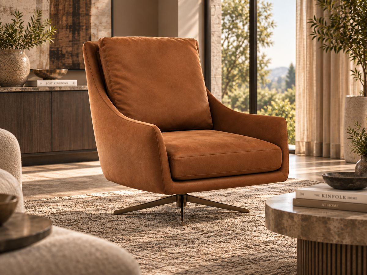 Shelby Armchair in cognac brown upholstery styled in a sunlit luxury living room