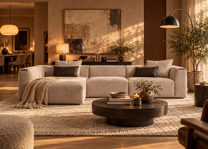 Soho L-shape sectional sofa in greige textured bouclé with left-hand chaise and dark inset arm details in a warmly lit luxury living room