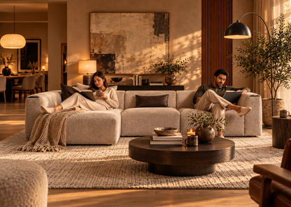 Soho L-shape greige bouclé left-chaise sectional sofa with woman lounging and man reading in a luxury living room