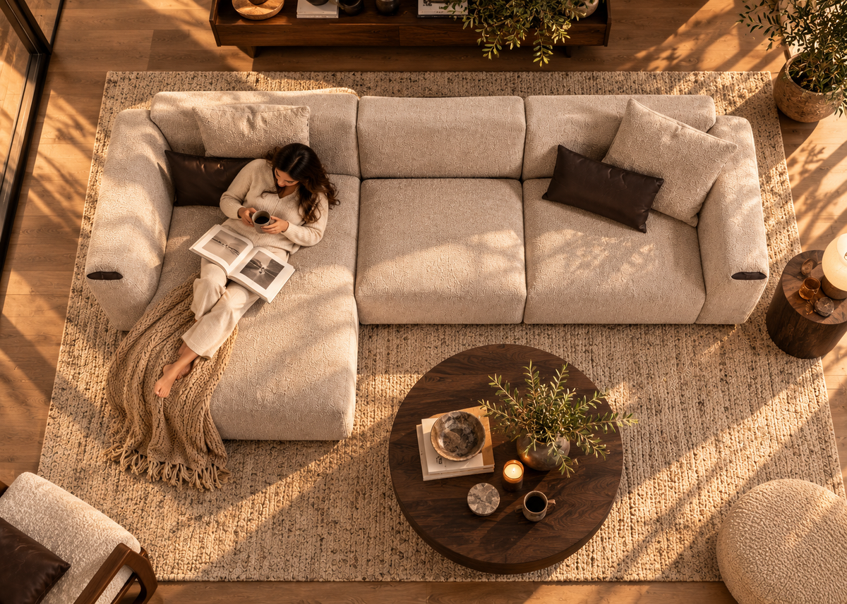Top-down view of Soho L-shape modular greige bouclé sofa showing deep left chaise, three sections and dark leather arm insets