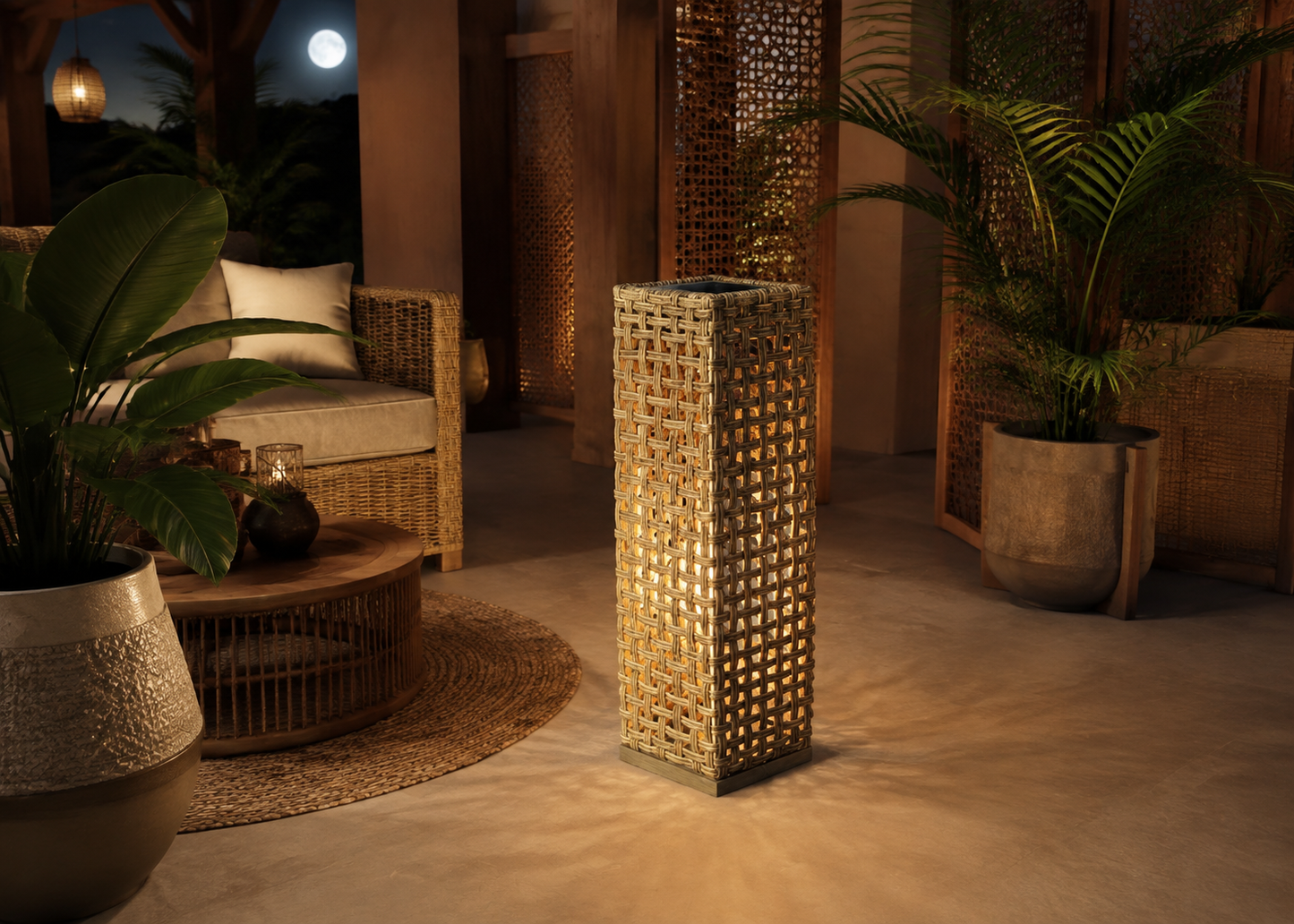 Solar Rattan Light in Moonlit Cane Pergola – lifestyle view