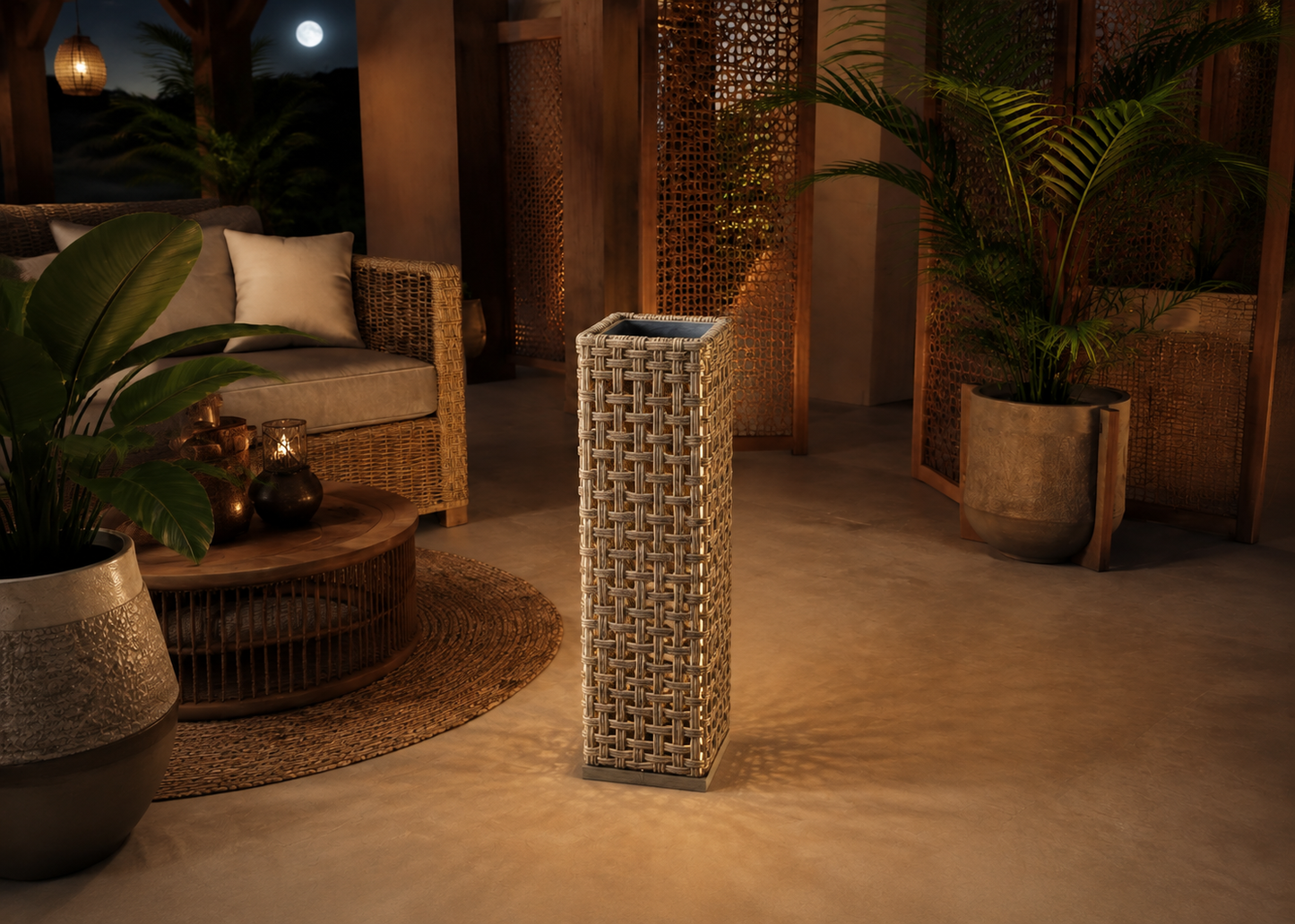 Solar Rattan Light in Moonlit Cane Pergola – elevated front view