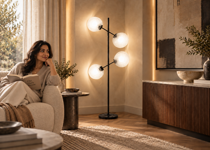Sole floor lamp by Enza Home styled beside a relaxed reading area