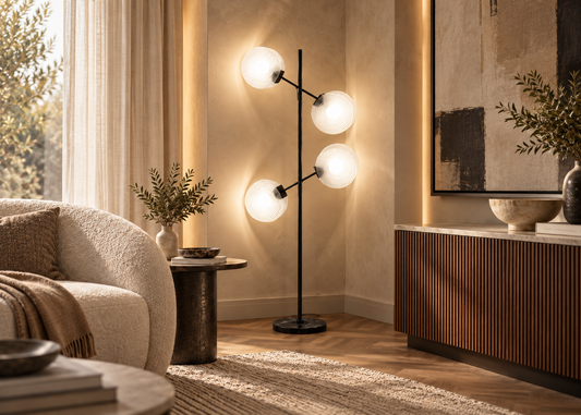 Sole floor lamp by Enza Home in a warm modern living room