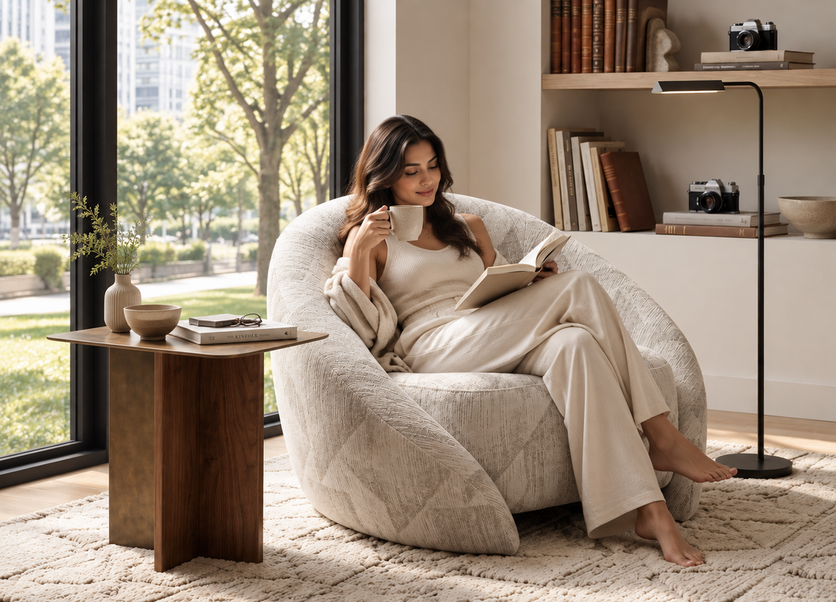 Solenne Armchair styled with a relaxed reader in a modern interior