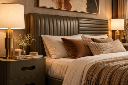 Close-up of Avera Bed showing dual-direction channelled upholstered headboard detailing