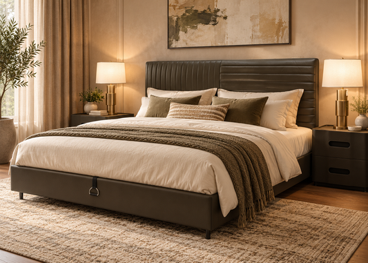 Avera Bed in a warm modern luxury bedroom with dual-direction channelled upholstered headboard