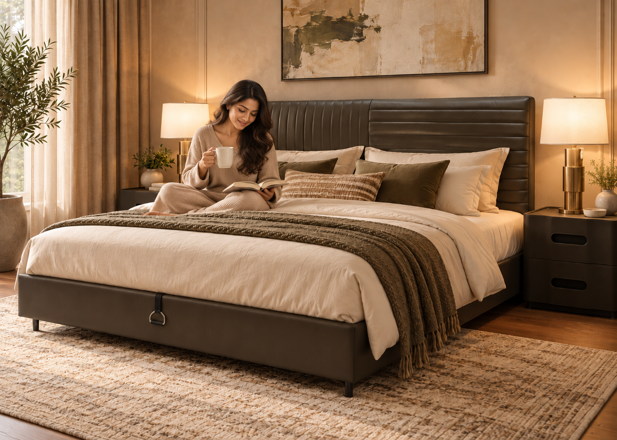 Avera Bed styled in a cozy luxury bedroom with a woman reading and relaxing