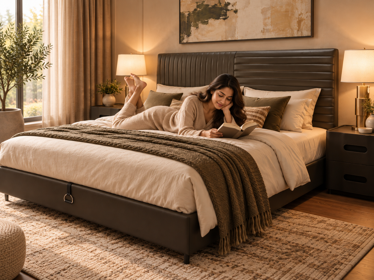 Avera Bed from an angled view with a woman relaxing and reading on the bed