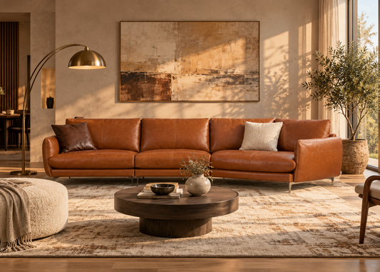 Sorrento curved cognac leather five-seater sofa in a luxury sunlit living room, front view