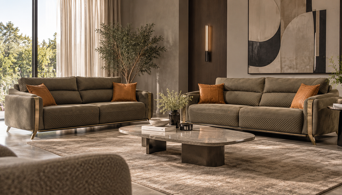 Taj Sofa 3+3 set styled in a realistic formal contemporary living room with quilted olive taupe upholstery