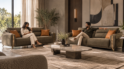 Taj Sofa 3+3 luxury sofa set with two people seated comfortably in a contemporary living room