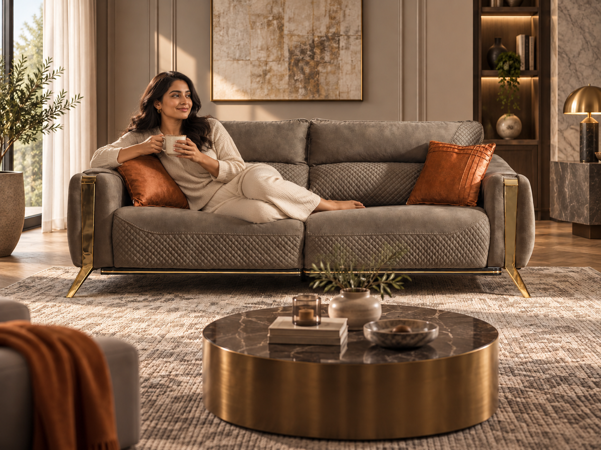 Taj Sofa with a modern Indian woman lounging comfortably on the quilted olive taupe sofa
