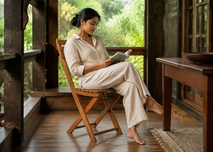 Tennis Wooden in Coorg Timber Veranda with Indian model – lifestyle view