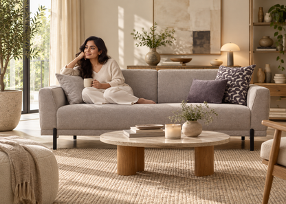 Terra Sofa by Enza Home styled in a cozy minimalist living room with a relaxed Indian woman