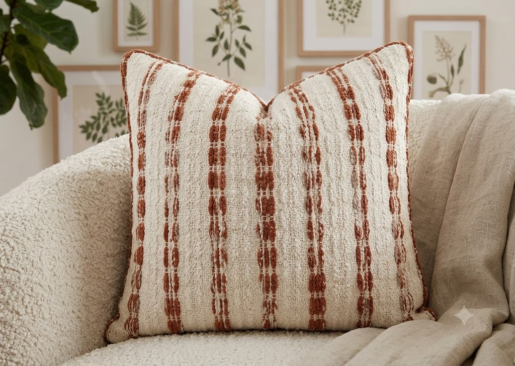 Terracotta Lane Cushion in warm ivory with rust vertical woven stripe pattern and piped edges